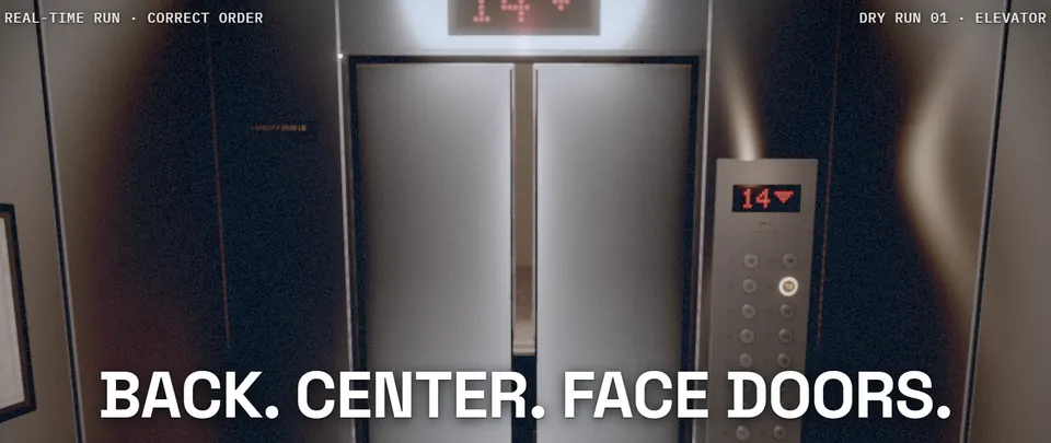 Elevator doors from inside the car with the command BACK. CENTER. FACE DOORS.
